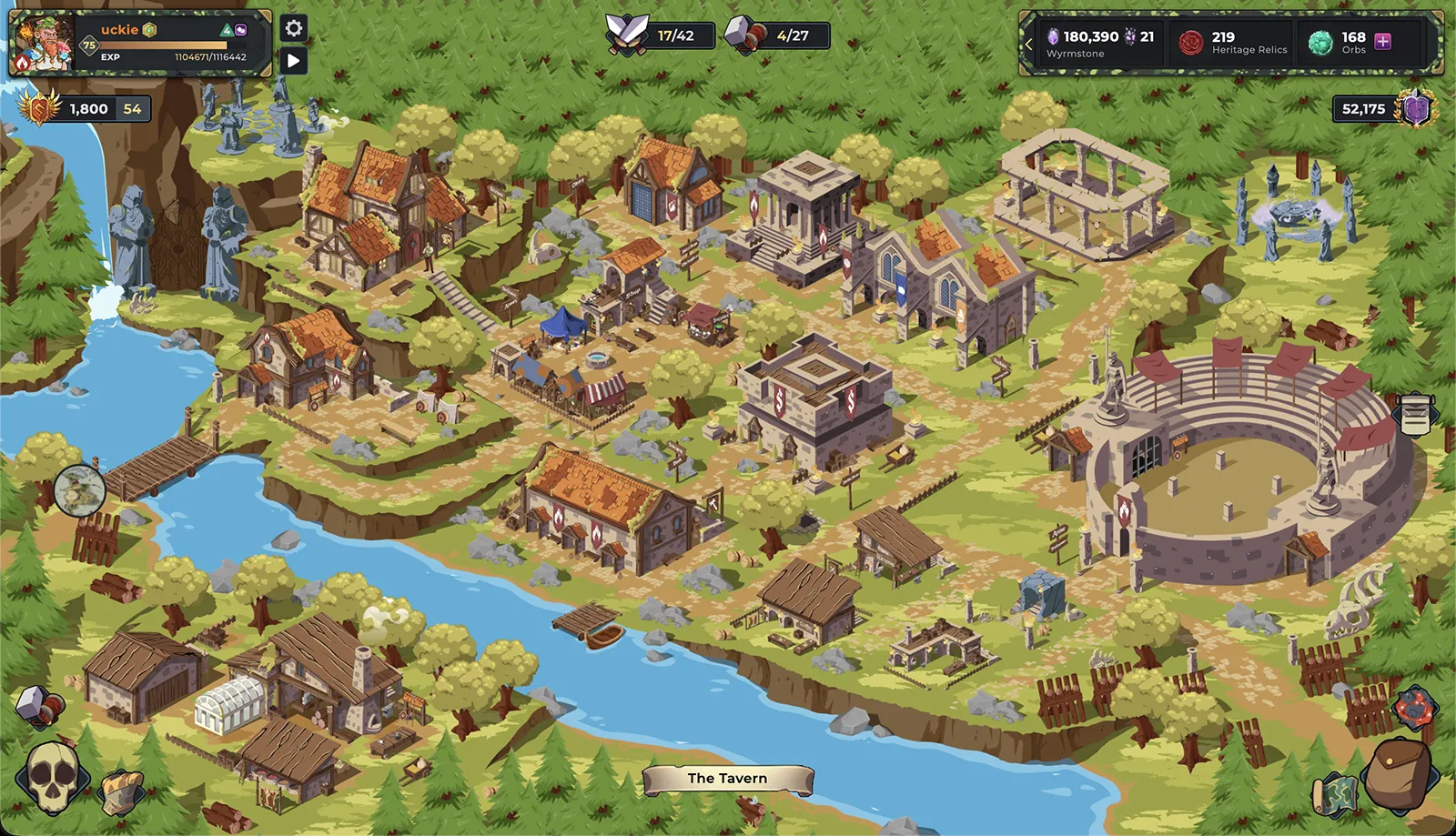 Ale & Axes idle MMORPG town of Godsreach with clickable buildings